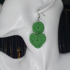 Green crochet heart earrings with stainless steel hook and jump rings